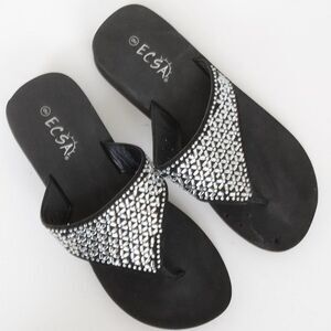 Ecsa Jeweled Black Bling Flip Flops Women's Sandals Size 9